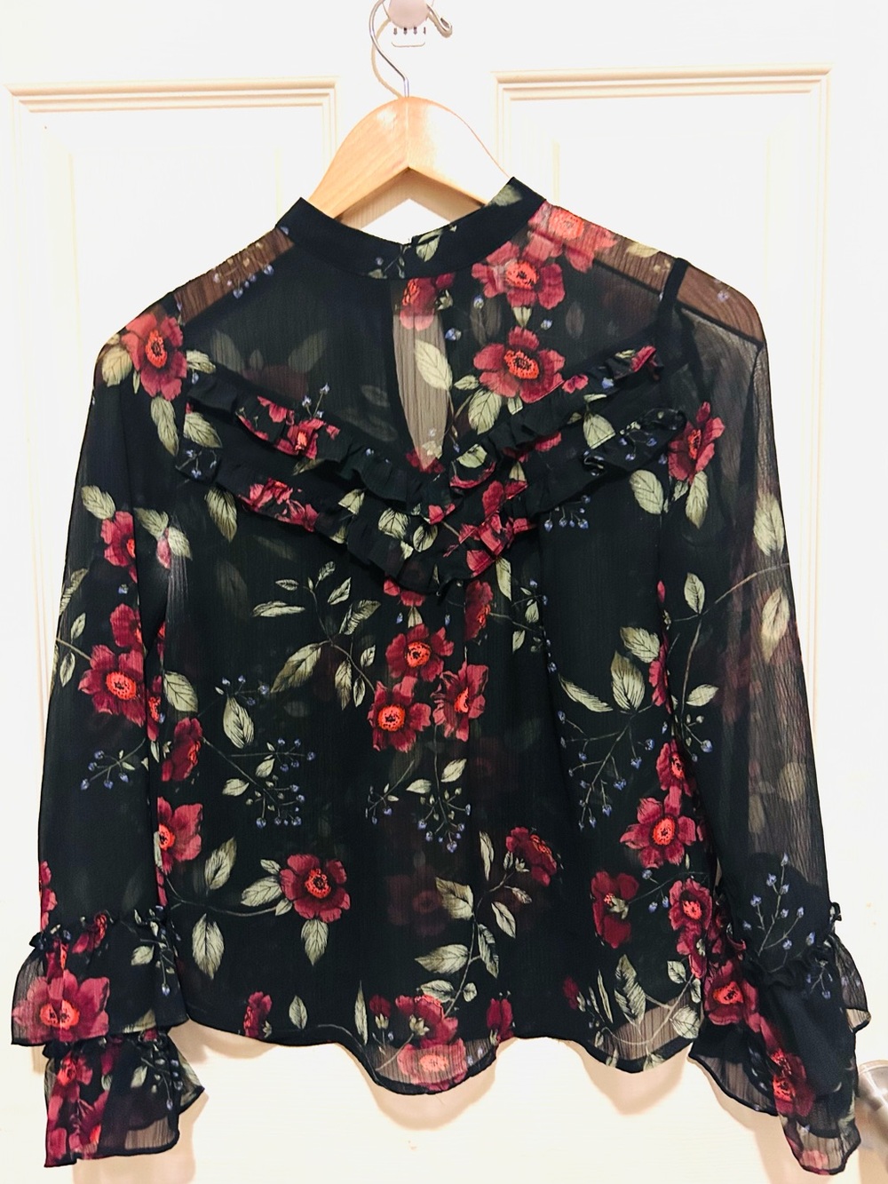 Arizona Jean Company Black Sheer Blouse with Red Floral Ruffles